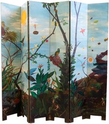 Signed Edwin Y. Diamante 20th Century Hand Painted Six Panel Screen Titled 'Mirror Of The Self'