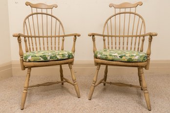 Pair Of Vintage Walnut Windsor Style Armchairs With Seat Cushions