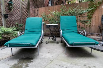 Pair Of Vintage Chaise Loungers With Cushions And Side Table With Marble Top