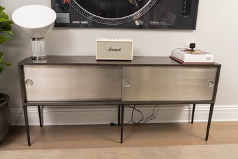 Console With Brushed Metal Sliding Doors And Iron Base (WESTPORT, CT PICKUP - READ DETAILS)