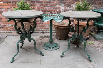 Pair Of Vintage Metal And Concrete Top Outdoor Accent Tables And Farmhouse Metal Stool