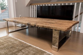 Reclaimed Wood Coffee Table With Chrome Base  (WESTPORT, CT PICKUP - READ DETAILS)