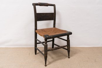 Black And Gold Painted Wooden Hitchcock Childs Chair With Rush Seat