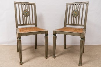 Pair Of French Antique Hand Painted Floral Chairs With Cane Seating