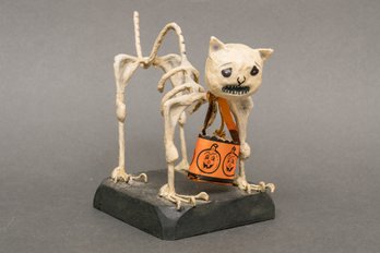 RARE! Ginny Betourne For Bethany Lowe Designs 'Skeleton Cat Bobble Head' Paper Mache Halloween Figurine