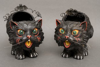 Pair Of Deptartment 56 Vintage Style Black Cat Paper Mache Halloween Candy Containers