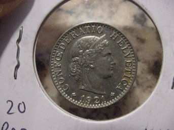 1921 B  Switzerland  20 Rappen Coin- UNC