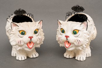 Pair Of Deptartment 56 Vintage Style White Cat Paper Mache Halloween Candy Containers