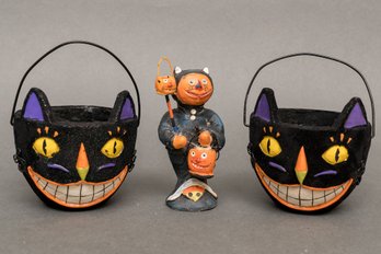 Pair Of Cat Candy Buckets And Pumpkin Cat Figurine