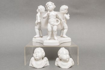 Andrea By Sadek Parian Porcelain Cherubs Planter With Pair Of Augarten Wein Porcelain Angels