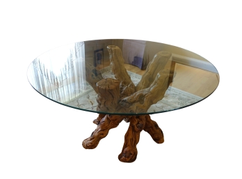 Glass Top Table Supported By 100 Year Old Grape Vine Legs