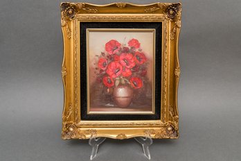 Signed Toma? Red Poppy Floral Still Life Flowers Oil On Board Painting