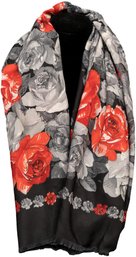 Vintage JP Collection Italian Polyester Black, White, And Red Rose Scarf