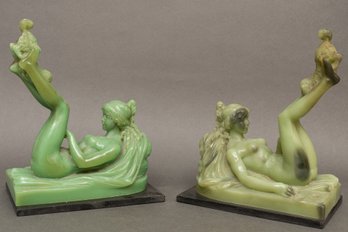 Vintage Signed A Santini Green Jade Color Resin And Marble Nude Woman And Dog Bookends