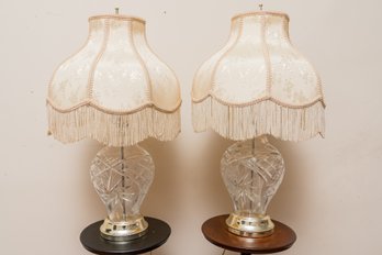 Pair Of Imperlux Cut Lead Crystal Table Lamp With Floral Motif And Tassle Shade