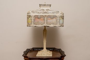 Antique Cast Metal And Pink And Yellow Slag Glass Table Lamp