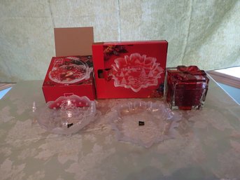 Two Stunning Mikasa Bowls And A Glass Cube Full Of Red Glass Beads.