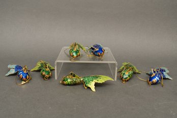 Set Of Seven Blue And Green Cloisonne Enameled Metal Articulated Koi Fish Ornaments