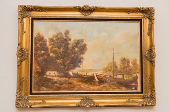 Signed H.P. Uhlmann Boats By Dock Oil On Canvas