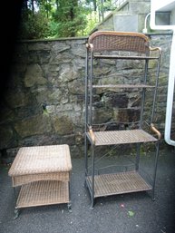 Wicker Table And Bakers Rack.