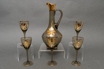 Mid Century Smokey Brown And Gold Decanter Set