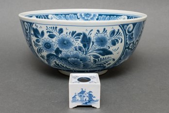 Delft Footed Flower Frog And Large Bowl