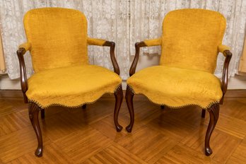 Pair Of Mahogany Queen Anne Style Arm Chairs With Nail Head Trim