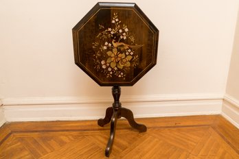 Vintage Tilt Pedastal Table With Hand-Painted Peacock And Floral Motif