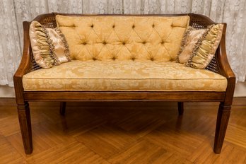 Vintage Caned Tufted Upholstered Setee Loveseat With Accent Pillows