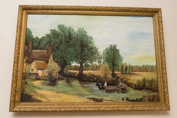 Signed (unknown) Country House By Lake Oil On Canvas Painting