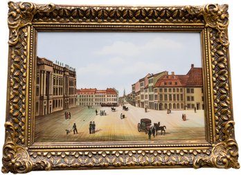 Signed German Town Square Enamel On Porcelain Painting In A Beautiful Gilt Wood Frame