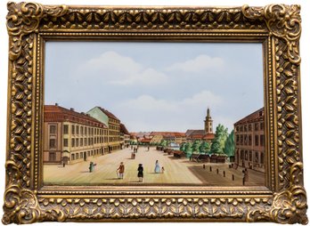 Signed 'Ansicht Des Hackeschen Markles' Enamel On Porcelain Painting Depicting A German Market