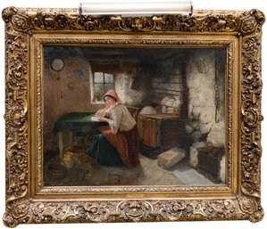 Haynes King (English, 1831-1904) 'Woman Sitting With Letter' Oil On Canvas Painting