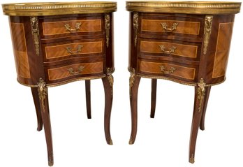 Pair Of Louis XV Style Parquetry Inlaid Marble Top Kidney Shaped End Tables (Purchased For $2,000)