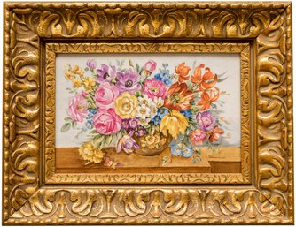 Signed Enamel On Porcelain Floral Still Life In Carved Gilt Wood Frame