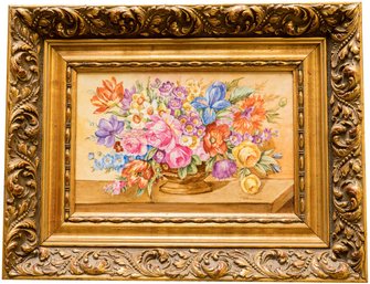 Signed Enamel On Porcelain Floral Still Life In Carved Gilt Wood Frame