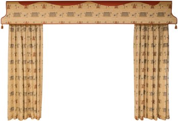 Pair Of Elephant Camel Themed Fully Lined Drapery Panels With Matching Cornice