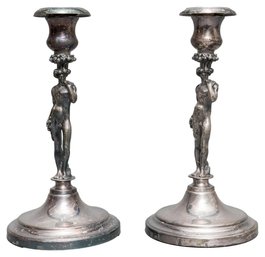 Pair Of Christofle French Silver Plate Nude Figural Candlesticks