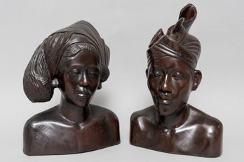 Pair Of Hand Carved Indonesian Male And Female Wooden Busts