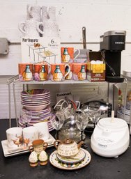 Collection Of Kitchen Appliances And Tableware - Keurig, Cuisinart, Omega, And More