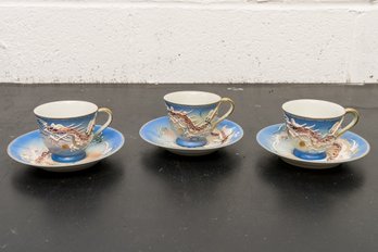 Set Of Three Hand Painted Wales Dragons Tea Cups And Saucers