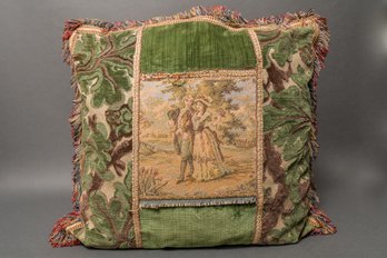 Vintage Tapestry Velour Pillow With Scene Of Two Lovers In Garden