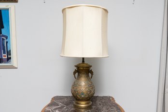 Brass And Enamel Converted Vase Table Lamp With Pierced Brass Bottom