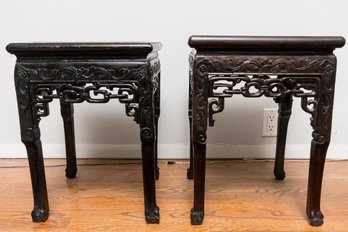 Pair Of Carved Wood Marble Top Side Tables