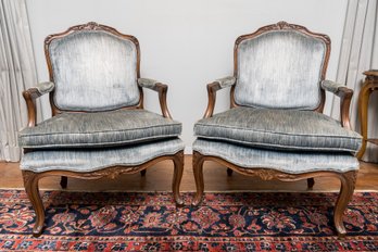 Pair Of Carved Wood Upholstered Bergere Chairs