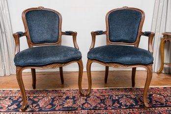 Set Of Two Midnight Blue Upholostered Carved Wood Bergere Chairs