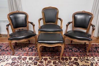 Three Compatible Leather Bergere Chairs With Studded Detail Plus Matching Stool