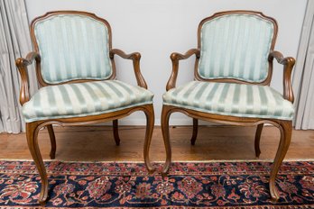 Pair Of Light Blue Striped Upholostered Carved Wood Bergere Chairs