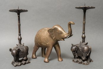 One Pair Of Vintage Asian Cast Iron Elephant Candle Holders