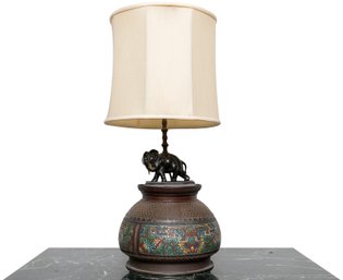 Vintage Converted Brass Cloisonne Table Lamp With Elephant